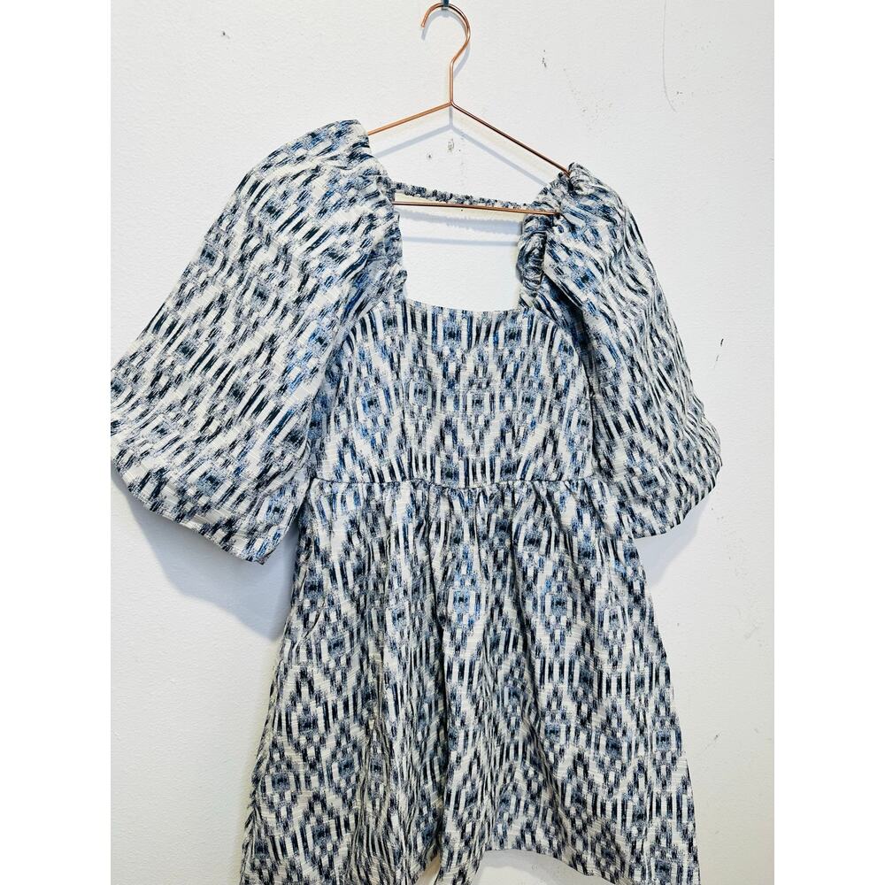 NWT MUNTHE Women's Blue White Chew Puff Sleeve Bubble Hemline Min Dress Size 36 - Picture 7 of 16